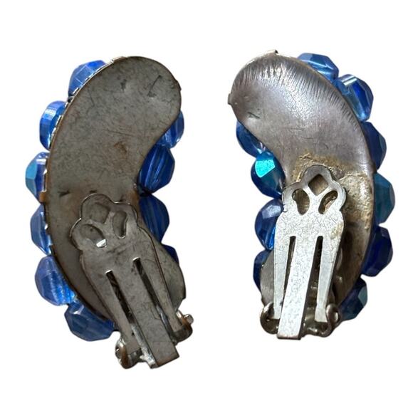 Blue Glass AB Crystal Wired Bead Clip On Climber Earrings Vintage Mid Century - Picture 2 of 5
